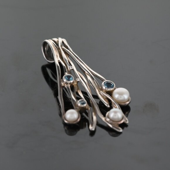 Vintage Fine Sterling silver Hagit Gorali ISRAEL Pendant w/blue Topaz & Pearls - Picture 6 of 6